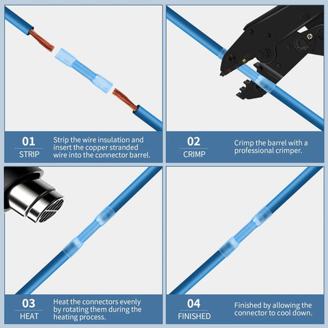 Heat-shrink butt connectors, 200pcs, blue; copper wire visible in strip, crimp, heat, finish steps.