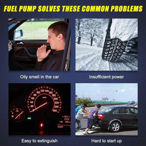 Infographic showing fuel pump solving problems: oily car smell, insufficient power, dashboard warning lights, and hard startup in winter.