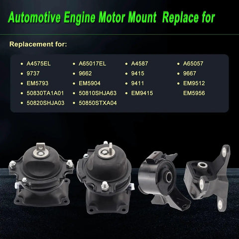 Engine Motor Mount Set For 2011 Through 2016 Odyssey 3.5L Touring Elite Replacement, set of four mount components displayed