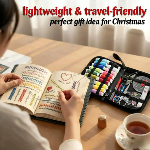 Upgraded Embroidery Stitch Book Kit For Beginners With Full Tools And Clear Tutorial shown on table with open stitch book and toolkit