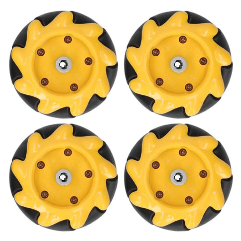 Four yellow mecanum wheels with black edges, featuring 60mm brass core, rubber coating and ABS body for omnidirectional movement.