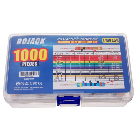 BOJACK 1000-piece carbon-film resistor kit, 25 values, 1/4W resistors in a box