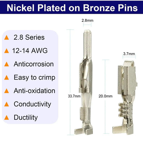 Nickel plated automotive terminals, 2.8mm x 3.7mm, highlighting 2.8 Series features for 12-14 AWG application.