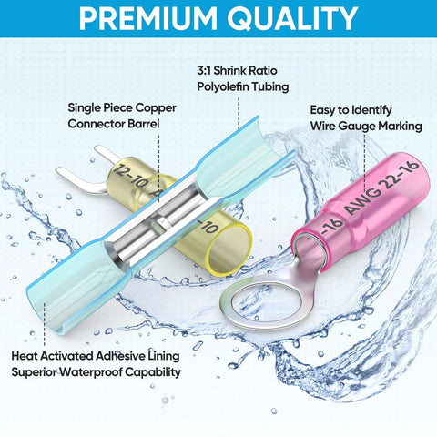TICONN 120Pcs heat shrink wire connectors kit with blue tubing and assorted ring, fork, spade, and butt splices, waterproof