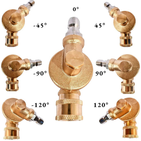 Eight Pack Pivoting Pressure Washer Nozzle Kit With Seven Angles And Two Hundred Forty Degree Rotation One Quarter Inch Quick Connect Includes Jet Stream Nozzles And Gutter Cleaner Tips For Up To Four Thousand Five Hundred PSI Hardcore Grime Removal displayed in different angles on white background