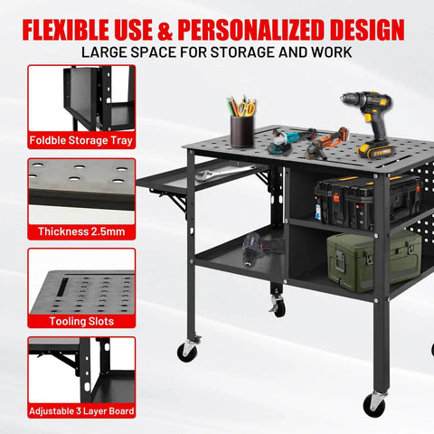 36 Inch By 24 Inch Beefy Heavy Duty Welding Table On Wheels With 1200 Pound Capacity Mobile Steel Workbench With Adjustable Shelves Fold Down Side Tray Large Lower Storage Tray For Shop Or Garage, shown with tools and accessories.