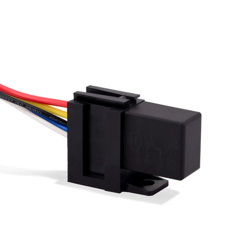 Heavy Duty 12V 30A SPDT 5 Pin Relay Kit Pack of 2, multi-purpose relay with welded terminals for automotive and marine use, side view.