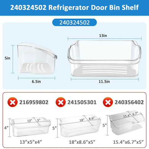 Diagram showing dimensions of 2-Pack Refrigerator Door Bin Shelf Replacement 240324502, clear resin, 13 x 6.5 x 5 inches.