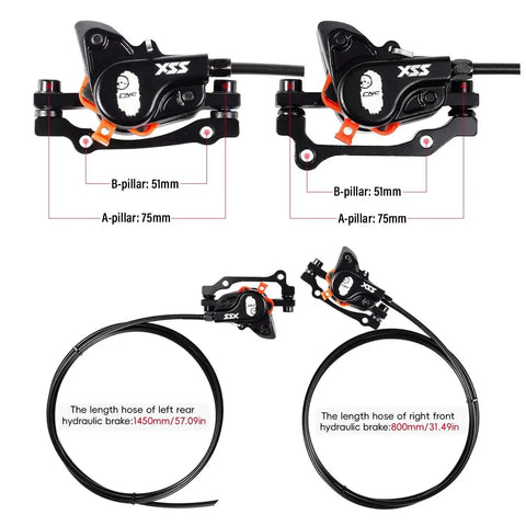 CNC MTB hydraulic brake set by XSS, black caliper pair with orange accents; 800mm front and 1450mm rear hoses.