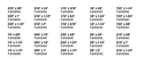 Size chart of 120-piece Roll Pin Assortment Kit With 10 Most Popular Sizes In A Resealable Plastic Case for garage repairs.
