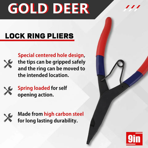 9 Inch Spring Loaded Angle Tip Locking Pliers For Retaining Rings Circlip Horseshoe Washers, front view with red grips