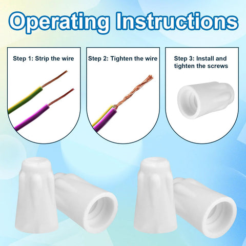 Ceramic wire connectors with porcelain twist caps and ceramic nuts, white; illustrated strip, twist, and install steps.