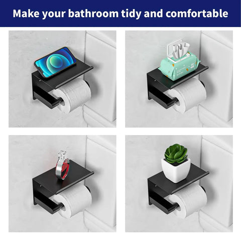 Matte Black Toilet Paper Holder With Shelf Fits Mega Rolls Self Adhesive Wall Mount Rustproof Stainless Steel for bathrooms