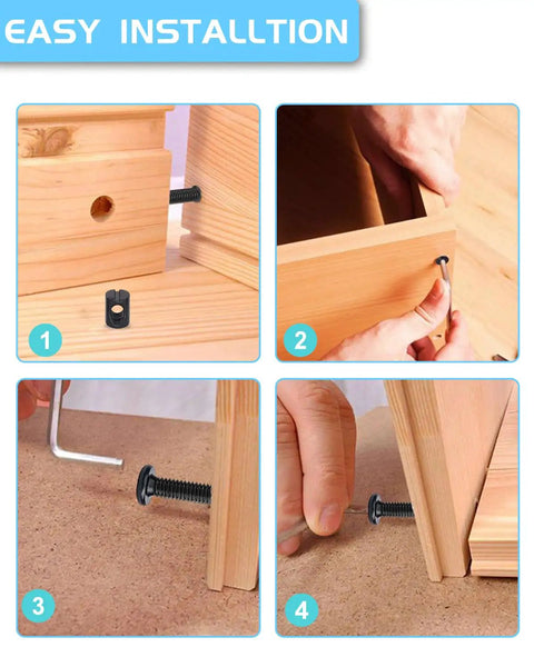 Durable Crib Screws Hardware Replacement Kit For Baby Beds And Furniture Includes M6 Hex Drive Socket Cap Screws In 16 40 60 80 Mm, M6 Barrel Nuts 12 Mm, Wooden Dowel Pins, Zinc Plated Carbon Steel Fasteners For Beds Headboards Chairs Built To Last No installed in wooden furniture showcasing easy installation.