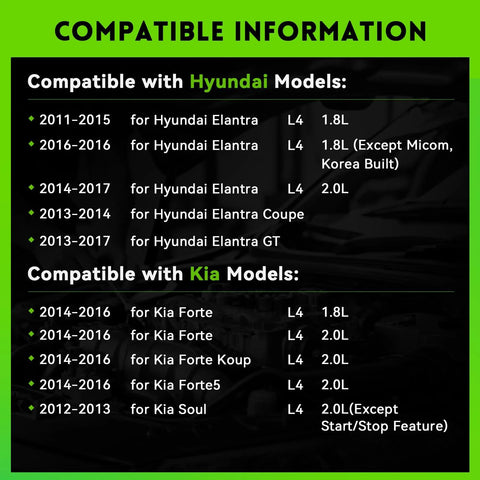 Compatibility chart for Hyundai and Kia models for New OEM-Quality Alternator Replacement For 1.8L And 2.0L Hyundai Elantra 2011-2017.