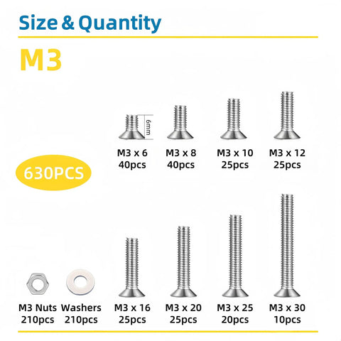 630 Piece M3 Screws Assortment Kit With Nuts And Washers In 304 Stainless Steel For DIY Projects Includes M3x6mm Through M3x30mm Hex