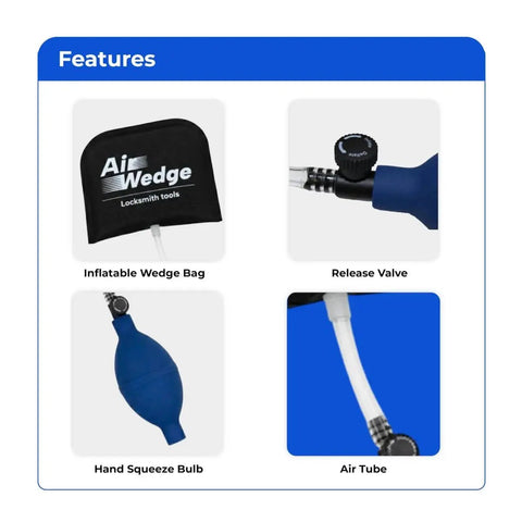 Inflatable Air Wedge Bag Pump With Medium Shim And Leveling Tool, showing wedge bag, release valve, squeeze bulb, and air tube.