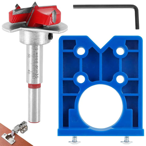 Concealed Hinge Jig for 35mm Hinge Drilling Guide Woodworking with Adjustable Bit and Hex Wrench shown with depth stop and blue jig