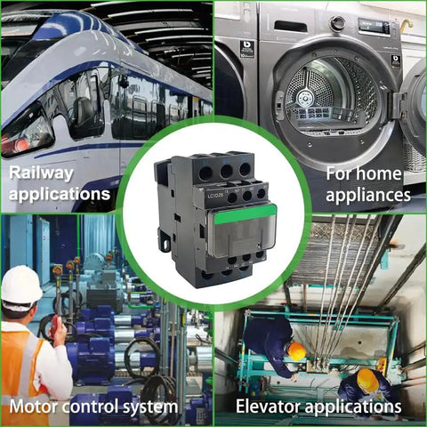 Non Reversing 3 Pole Contactor, 25A, 120VAC Coil, 1 NO and 1 NC Auxiliary, shown in various industrial use scenarios