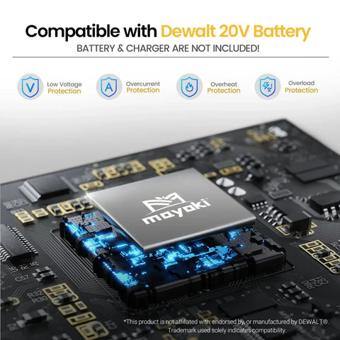 Close-up of a circuit board illustrating compatibility with Dewalt 20V MAX batteries, highlighting protection features.