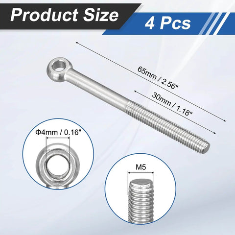 Diagram of 4-Pack M5 X 60mm Lifting Eye Bolts, 304 Stainless Steel Industrial Grade Eyebolts For Pipes, Valves, Gates And Steel Structures, Built Tough Heavy Duty Swing Ring Eyebolts, Silver with dimensions shown.