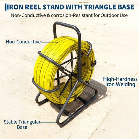 Fiberglass Fish Tape Pro Duct Rodder With Heavy Duty Cable Puller And Durable Steel Stand, yellow cable on triangular base