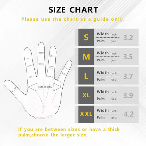 Size chart showing palm width measurements for S to XXL sizes for MicroFoam Nitrile Coated Work Gloves 6 Pairs Seamless Knit Nylon Gray 9 Large.