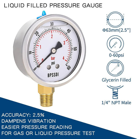 BPSSDI glycerin-filled pressure gauge, front view, 2.5 in dial, 1/4 in NPT lower mount, 304 stainless steel case