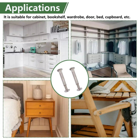 130 Piece M4 Furniture Connector Bolts And Cap Nuts Kit used in wood cabinets, bookshelves, wardrobes, beds, cribs shown in applications