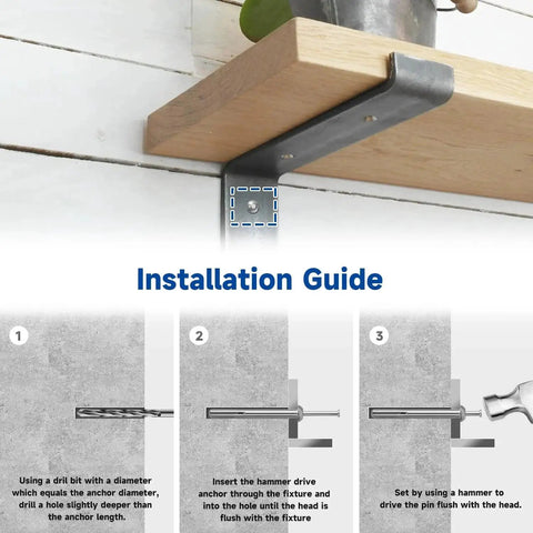 Installation guide showing Heavy Duty Hammer Drive Anchors One Quarter Inch By One And One Half Inch for shelving units.