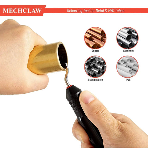Hands using deburring tool on metal pipe, compatible with copper, aluminum, stainless steel, for plumbing and HVAC projects.