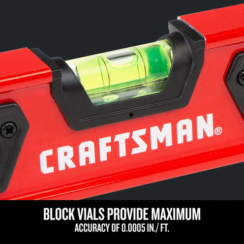 Close-up of Craftsman CMHT82390 with magnified center vial, highlighting the Torpedo Level 9 Inch With Shock Absorbing End Caps For Accurate Layouts And Framing, Lightweight Aluminum Body, Three Vials For Multiple Measurements, Fits In Tool Boxes, Durable Construction For Pros And DIYers.