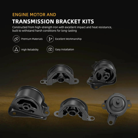 Honda CRV 2.0L Engine Motor Mount And Transmission Bracket Kit Five Piece Bolt On Direct Fit For Automatic Transmission 1997 1998 1999 2000 2001 OE Replacement GP8435 GP8982 GP8575 GP8010 GP displayed in five pieces on dark background.