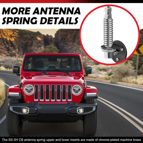 Marketty SS-3H CB antenna spring, stainless steel coil mount, installed on a red Jeep.