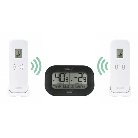 Dual Sensor Wireless Fridge Freezer Thermometer With Magnetic Back Temperature Display Fahrenheit Or Celsius Hi Low Alerts And History Log Versatile Mounting For Magnetic Back Wall Or Desk La Crosse Technology 30804747INT For Home Kitchen Use