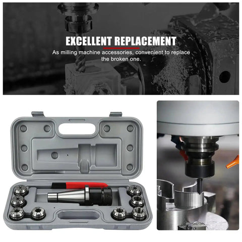 Durable NT40 ER32 CNC Milling Chuck Holder With 8 ER32 Collets And Wrench, all in one set, open case display next to CNC machine.