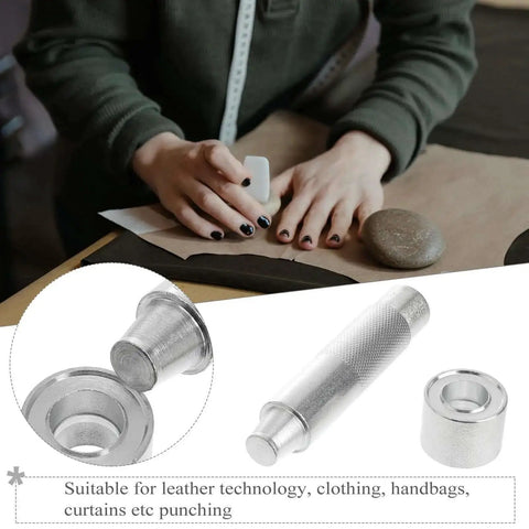 17mm Metal Eyelet Punch Tool Kit For Leather Craft Grommet Setter With Base displayed with user in leatherwork process