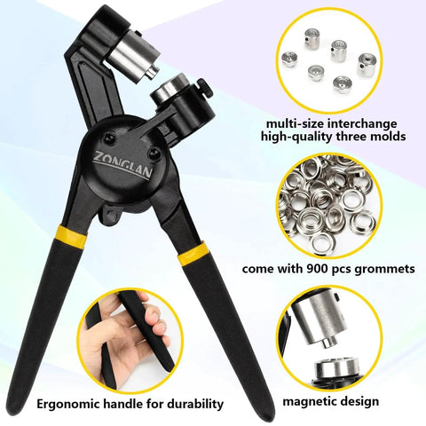Heavy Duty Grommet Tool Kit With Interchangeable Dies 8mm 10mm 12mm Rivet Press Plier 900 Silver Grommets For Tarp, ergonomic handle