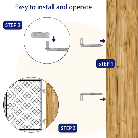 Installation steps of Heavy Duty Farm Gate Hinge Kit With Galvanized Steel Rustproof Hinges And Five Eighth Inch Pins for wood gate.
