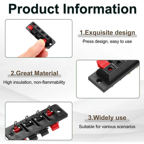 4 Way Spring Terminal Clip Push Release Connector Plate for Speaker Socket WP4-4, 5 Piece Pack, with Red Black Polarity