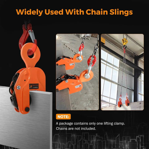 Vertical Plate Lifting Clamp 2 Ton 4400 Lbs for Sheet Metal Heavy Duty Lift shown with chain slings
