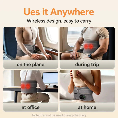 Cordless Heated Back Wrap With Lumbar Massager Vibration in use at home, office, plane, during trip