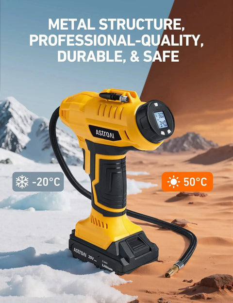 Cordless Tire Inflator Air Compressor with metal construction for extreme temperatures, featuring a digital pressure gauge
