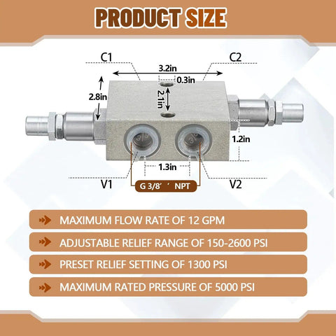 Front view of Dynamic Dual Crossover Hydraulic Relief Cushion Valve Designed For 12 GPM High Flow Hydraulic Circuits With Three Eighths Inch NPT Ports