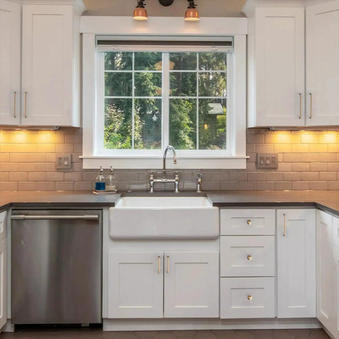 White kitchen cabinets with Champagne Bronze Cabinet Pulls 5 Inch Center To Center Pack Of 10 With Screws Included in modern kitchen.