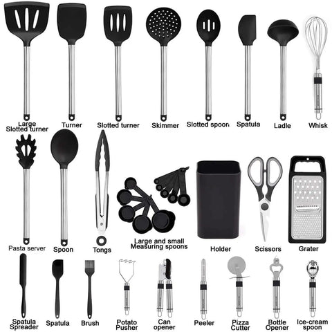 Ultimate 33-Piece Silicone And Stainless Steel Utensil Set For Nonstick Cookware displayed with spatulas, spoons, tongs, and more.