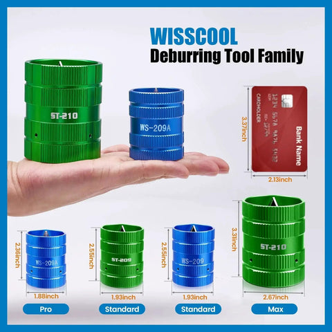 Ultimate Pipe Deburring And Chamfer Reamer Tool For Copper PVC PPR Brass Aluminum And More displayed on palm with size chart.
