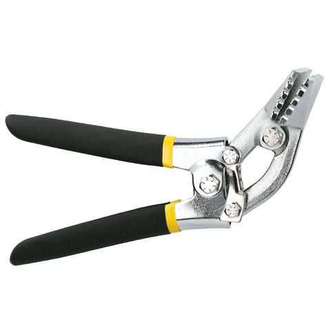 Go To Sheet Metal Hand Seamer Pliers with curved handle for bending and flattening seams; forged steel with easy grip rubber coating.