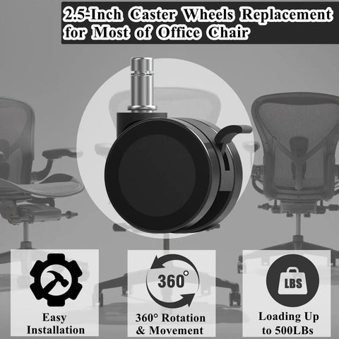 Office Chair Wheels With Brakes 2.36 Inch Diameter Locking Caster Replacement Set Of Five For Carpet And Hardwood Floors With Universal 7/16 Inch Stem 11mm Fit Standard Office Chairs And Stools For Smooth Rolling And Secure Braking, close-up view of black caster wheel with brake.