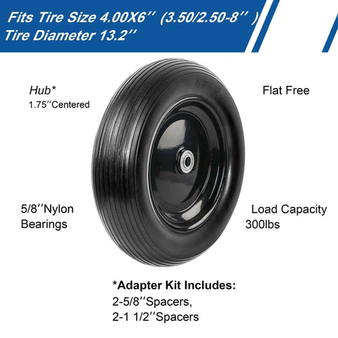 13 Inch Wheelbarrow Tire 4.00 6 Flat Free Replacement With Adapter Kit Fits Five Eighths And Three Quarters Bearings 6 Inch Rim